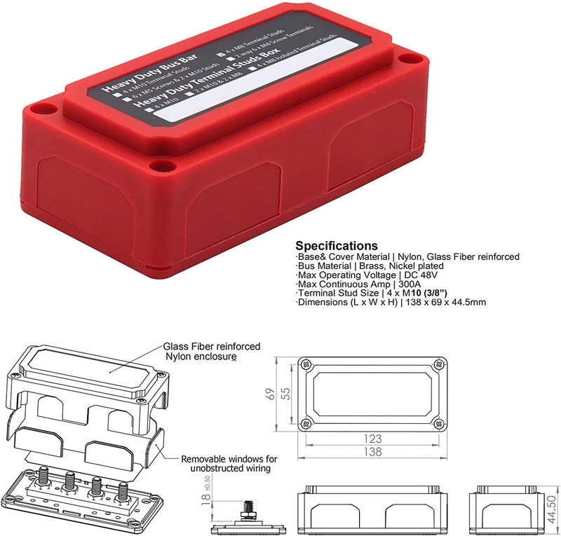 T Tocas 2PCS 300A Bus Bar Box with Cover 4X 3/8" (M10) Studs 300 Amp 12V - 48V DC Power Distribution Block Busbar Black & Red - Image 2